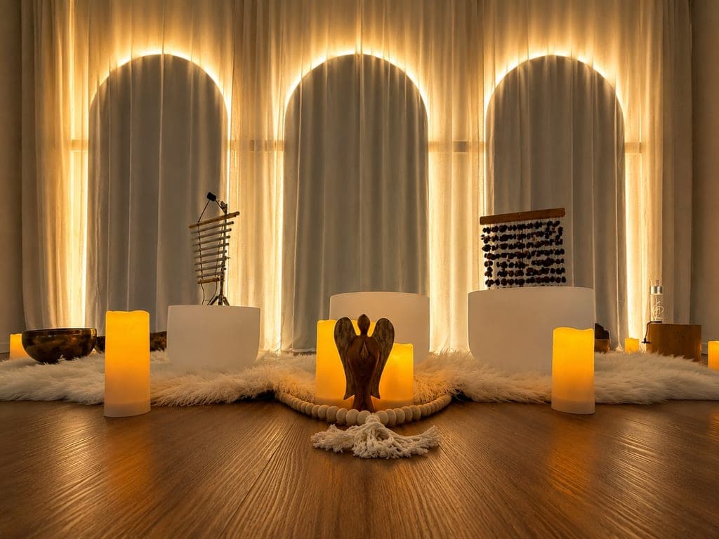 Three arched alcoves lit warm from behind white linen, with crystal singing bowls, chimes and candles arranged on sheepskin along the studio floor.